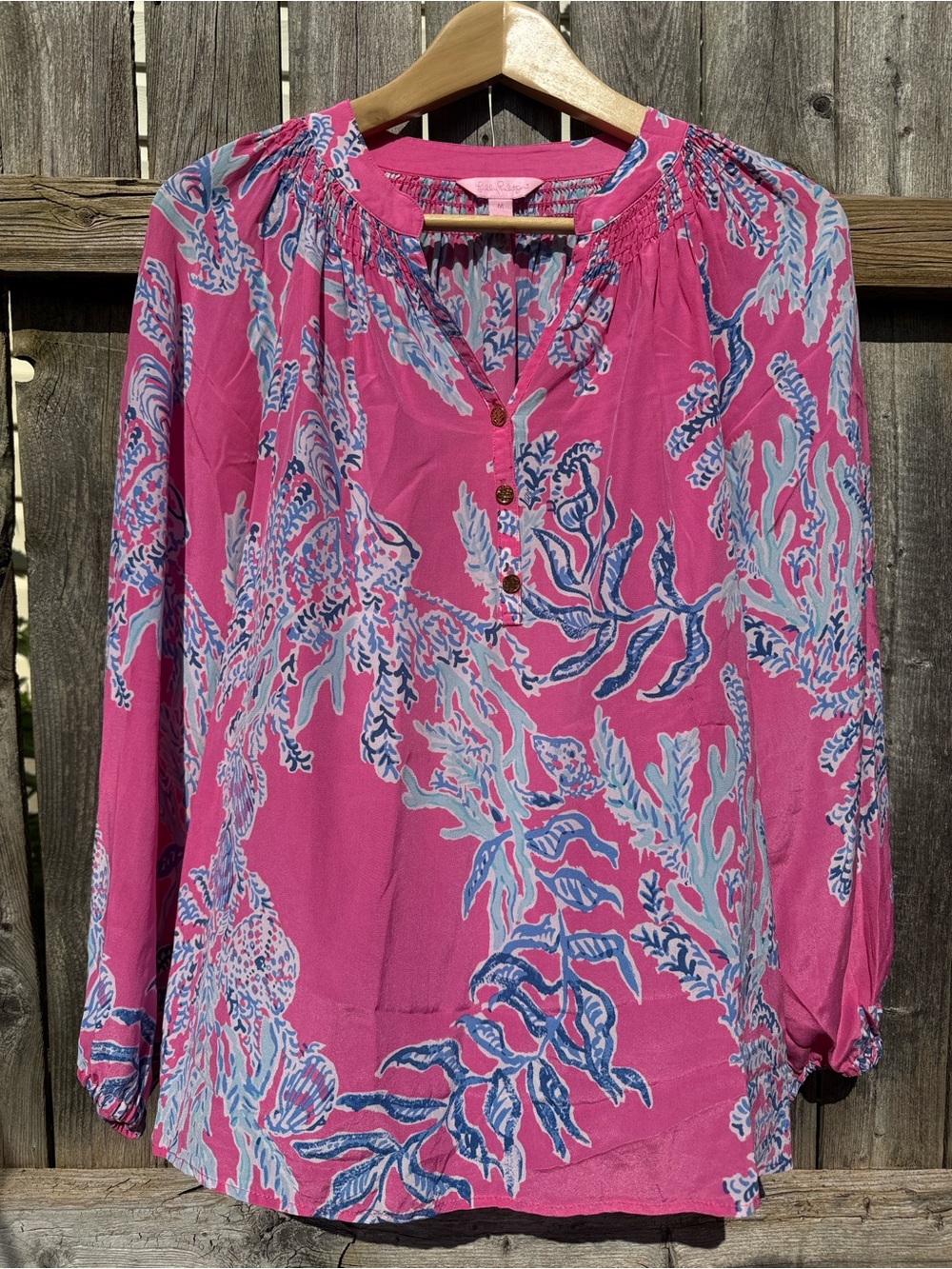 Lilly Pulitzer Elsa 100% Silk Top Exotic Garden Pink Blue Size M